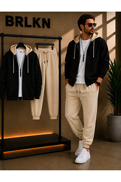 BRLKN Set de trening cardigan cu cu glugă fermoare, culoare segmentată, grosi...