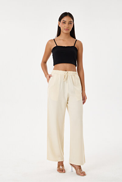 %100 TENCEL YÜKSEK BEL GENİŞ PAÇA PANTOLON (KREM)