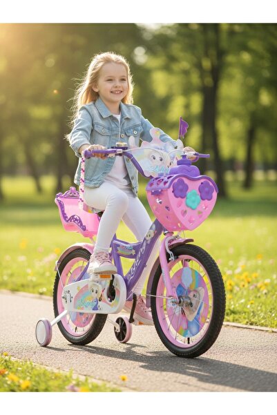 OEM Bicicletă pentru fete cu coș frontal în formă de inimă, șa pentru păpuși și roți de antrenament, apărători, roată de 16 inch