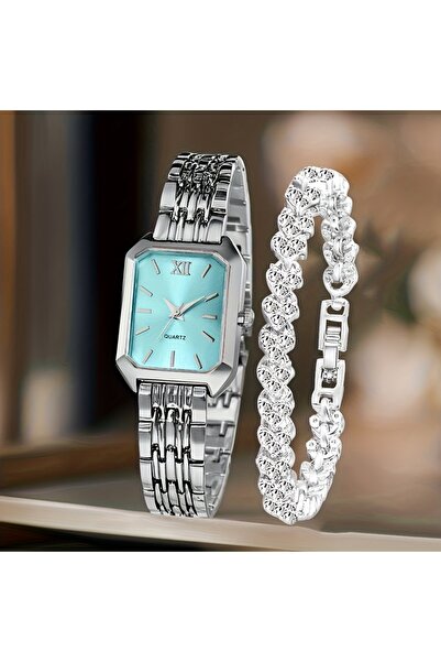 Choice6 Silver Blue Kit 2PCS/Set Fashion Rectangle Women Quartz Watch Ladies ...