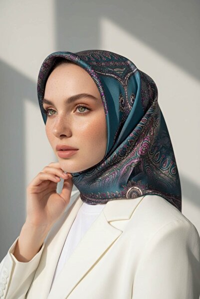 Vissona %100 Twill İpek Şal Desenli Petrol Yeşili Renkli 90x90 Eşarp Dikim Şe...