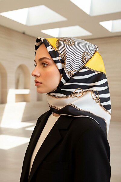 Vissona %100 Twill İpek Zincirli Ve Zebra Desenli Siyah - Limon Sarısı Renkli...