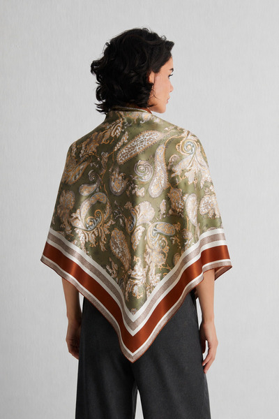 Silk and Cashmere Haki Lina Saf İpek Büyük Kare Eşarp 110x110 cm