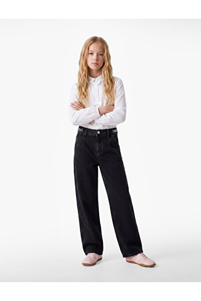 Koton Cotton Chain Detailed Wide Leg Denim Trousers