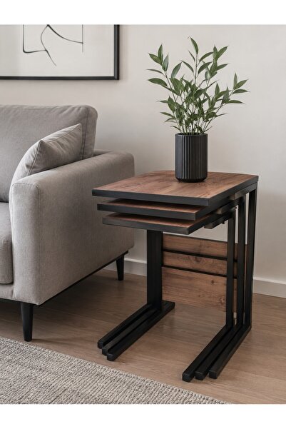 VEYSEL WOODWORKİNG Metal Ayaklı 3'lü Zigon Sehpa Orta Sehpa - Atlantik çam- S...