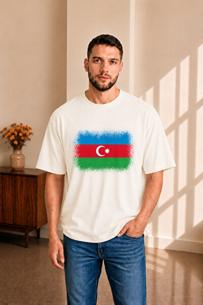 sngl tekstil Men's Oversized Azerbaijan Flag Printed Short Sleeve T-Shirt S m...