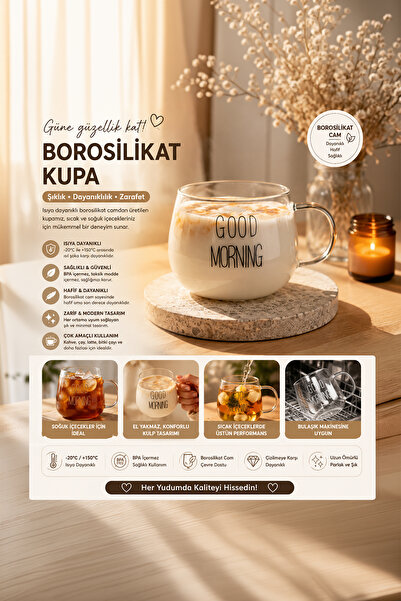 Porsima 2088 Borosilikat Isıya Ateşe Dayanıklı Cam Kulplu Çay Bardağı Kahve B...
