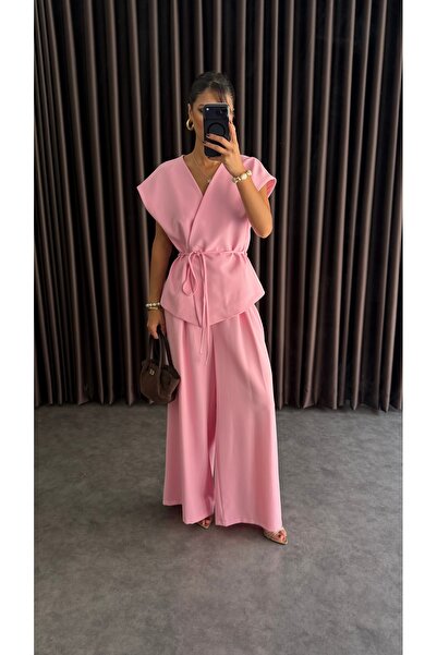 ZF BUTİK Pembe Bağlamalı Yelekli Takım Kadın Giyim