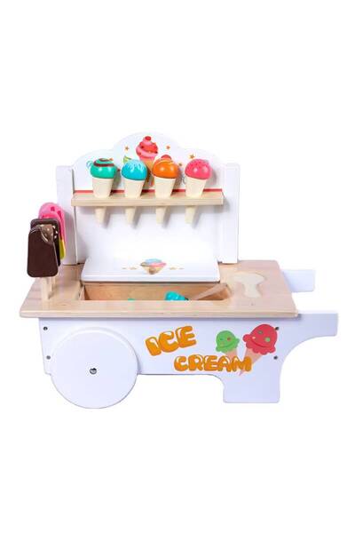 IM FineLife Wooden Ice Cream trolley\ Truck Toy - 31 Pcs Pretend Play Food Ca...