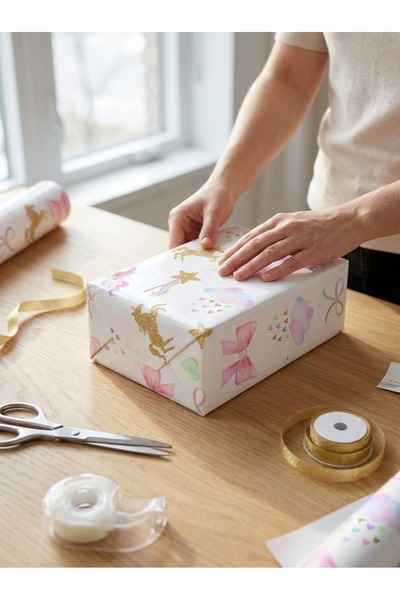 Rana İkra Art Fiyonk Ve Unicorn Temalı Hediye Paketi Kağıdı (10 Adet)(32.9×50...