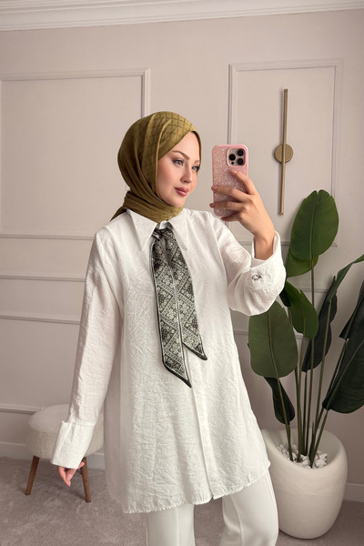 ensade Wide Cuff Tunic with Scarf Detail - Comfortable Fit, Summer Textured F...