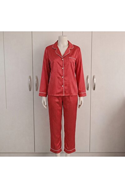 Lady Lingerie Women's Polka Dot Satin Pajamas Set 2 Pieces - Long Sleeve Shir...