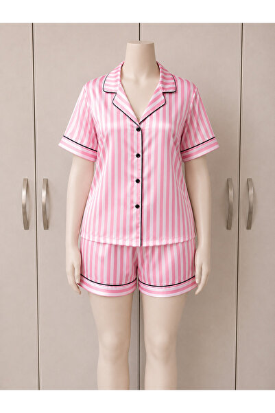 Lady Lingerie LADY Plus Size Satin Pajama Set for Women – Striped 2-Piece Sle...