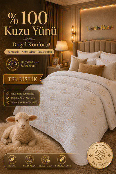 Linnda Home Tek Kişilik Premium %100 Kuzu Yün Dolgulu Yorgan (OEKO-TEX SERTİF...