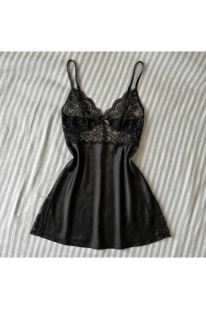 Lady Lingerie طقم قميص نوم وروب نسائي من الساتان مكون من قطعتين، مزين بالدانت...