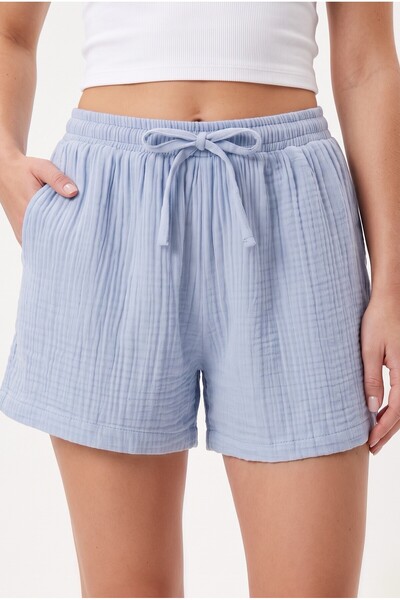 Ritnice Women's Jamie 100% Cotton Muslin Blue Shorts with Elastic Waist