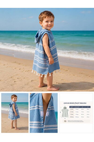 pınars Cotton Children's Peshtemal Poncho Bathrobe Beach Towel with Velcro