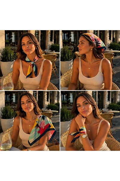 Axesoire 13750 Lacivert Kenarlıklı Renkli Saten Bandana Fular 50x50 cm