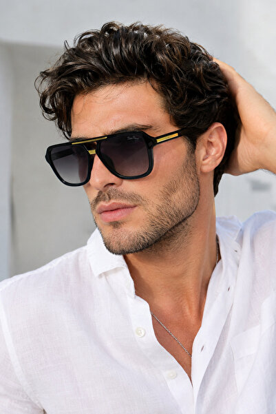 Chunky Frame Unisex Square Frame Black Matte Gold Detailed Uv400 Polycarbonat...