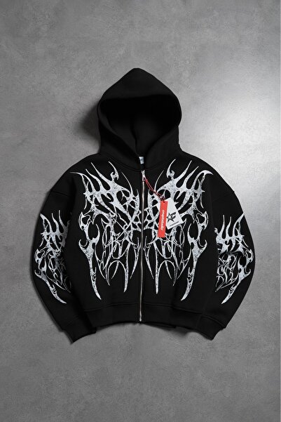 Crupt Studio Inferno Spikes White Boxy Crop Siyah Erkek Ceket Zip Hoodie