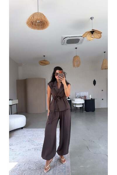 Buket Teke Brown Collared Belted Vest and Shalwar Set