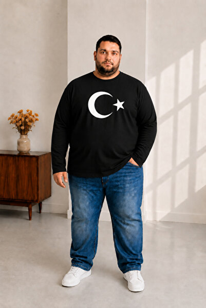 sngl tekstil Erkek Büyük Beden Uzun Kollu Ay Yıldız Baskılı Tişört 3xl 4xl 5x...
