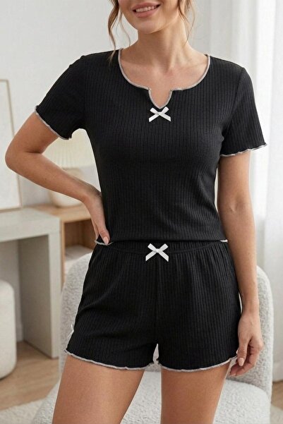 FİT WOMEN Cotton Short Sleeve Bow Detailed Shorts Pajama Set 4618 -Black
