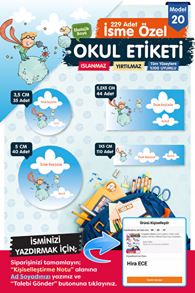 t tuğset etiket Okul Etiketi Küçük Prens Kalem Defter Etiketi Özel İsim Yazıl...