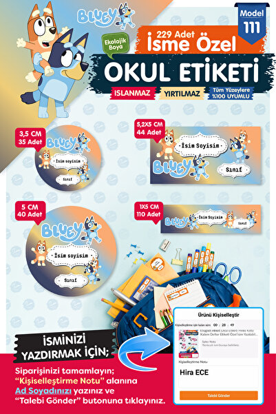 t tuğset etiket Okul Etiketi Bluey Temalı Kalem Defter Etiketi Özel İsim Yazılabilen Etiket Seti - İsim Etiketi-T102