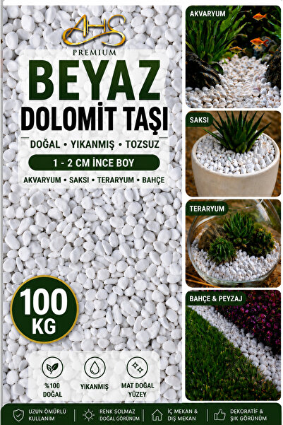 AHS Beyaz Dolomit Taş 100 Kg 1-2 Cm Dere Çakıl Taşı Bahçe Peyzaj Süs Taşı Sak...