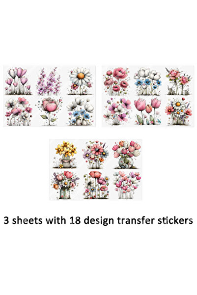 Choice Multi-Colored 3pcs Spring Whimsical Flowers DIY UV DTF Rub On Glass Cu...