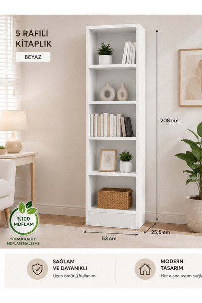 Genel Markalar Modern 5 Raflı Kitaplık %100 MDFLAM 208x53x25,5 cm Çok Amaçlı ...