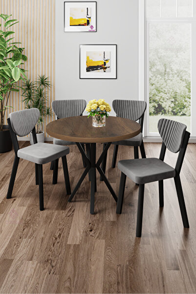 Canisa Agnes Serisi 90x90 Yuvarlak Barok Ahşap Desen Masa Takımı ve 4 Gri San...