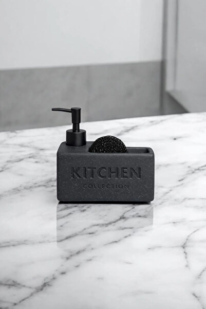 Bereketli Store Kitchen Written White Liquid Soap Dispenser with Sponge Holde...