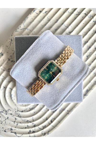 Mazzy Boley Square Stone Frame Green Dial Gold Women's Wristwatch