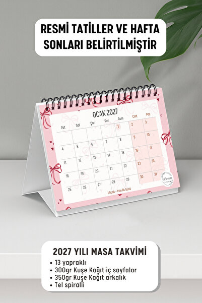 Eldesen Tasarım 2027 Masa Takvimi Spiralli A6 (15x12cm) Orta Boy / Resmi Tatiller ve Hafta Sonları