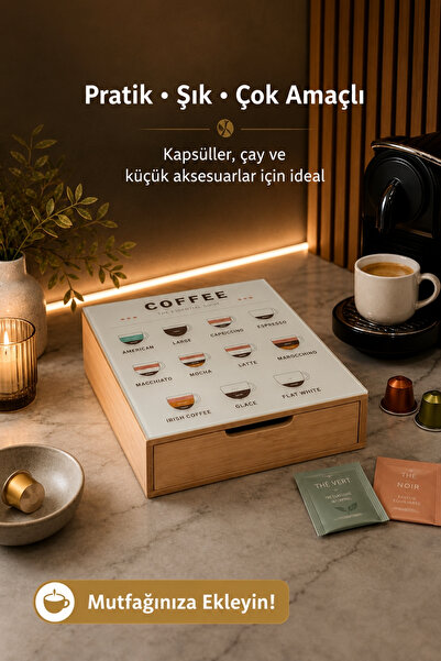 Meturas Cam Kapaklı Çekmeceli Bambu Kahve Organizeri, Kapsül Çay Şeker Düzenl...
