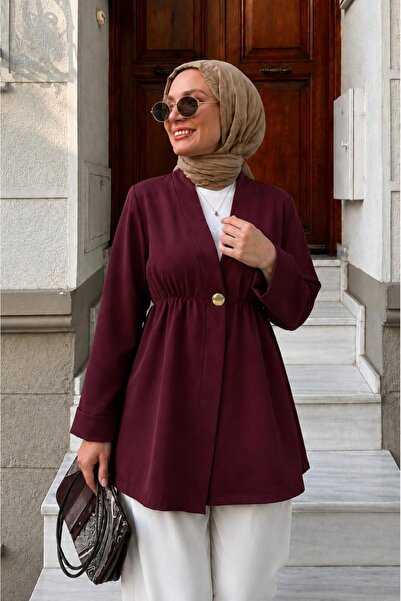 Lunfia Lastikli Bel, Katlanabilir Kolu, Tek Düğmeli Krep Kimono - Mürdüm