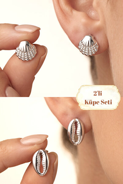 Elika Silver Summer Themed Seashell Model Silver Color 2-Piece Earring Set
