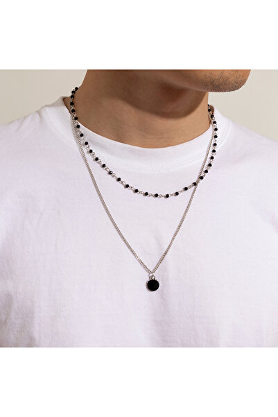Choice black Layered Small Beads Chain with Black Coin Pendant Necklace Men T...