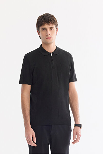 Avva Men's Black Polo Collar Zippered Easy Ü Tulle Enen Wrinkle-Free Regular ...