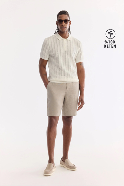 Avva Erkek Gri Beli Lastikli %100 Keten Relaxed Fit Şort B003732