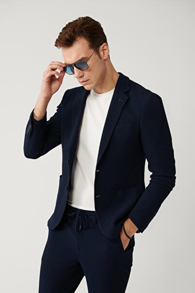 Avva Men's Navy Blue Slit Unlined Bi-Stretch Fabric Blazer Comfort Slim Fit J...