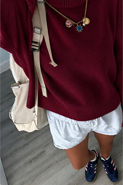 MODASPARK Bordo Bisiklet Yaka Oversize Kadın Triko Kazak