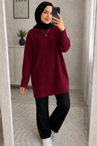 MODASPARK Burgundy Crew Neck Oversized Knit Tunic