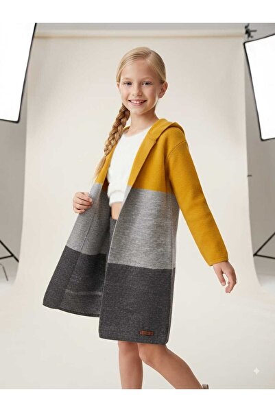 Hilal Akıncı Kids Girl's Hooded Long Knit Cardigan with Writing on the Back