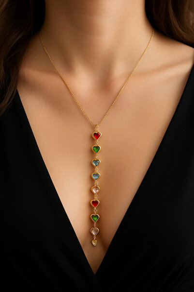Herşey Nota Y Women's Necklace with Colorful Stone Heart Figure and Steel Gol...