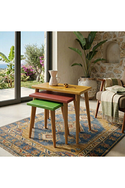 Linea Ligni Premium 3'lü Zigon Sehpa - Metal Bağlantılı Doğal Ahşap - Modern Tarz