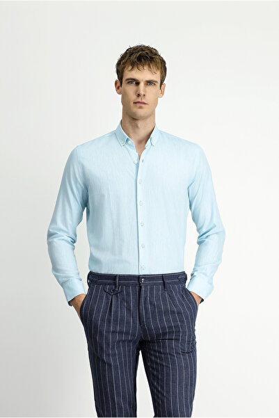 Kiğılı Uzun Kol Slim Fit Dar Kesim Pamuklu Keten Düğmeli Yaka Gömlek