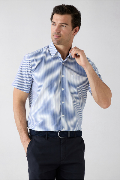 Kiğılı Short Sleeve Regular Fit Striped Cotton Easy-Iron Shirt with Pockets